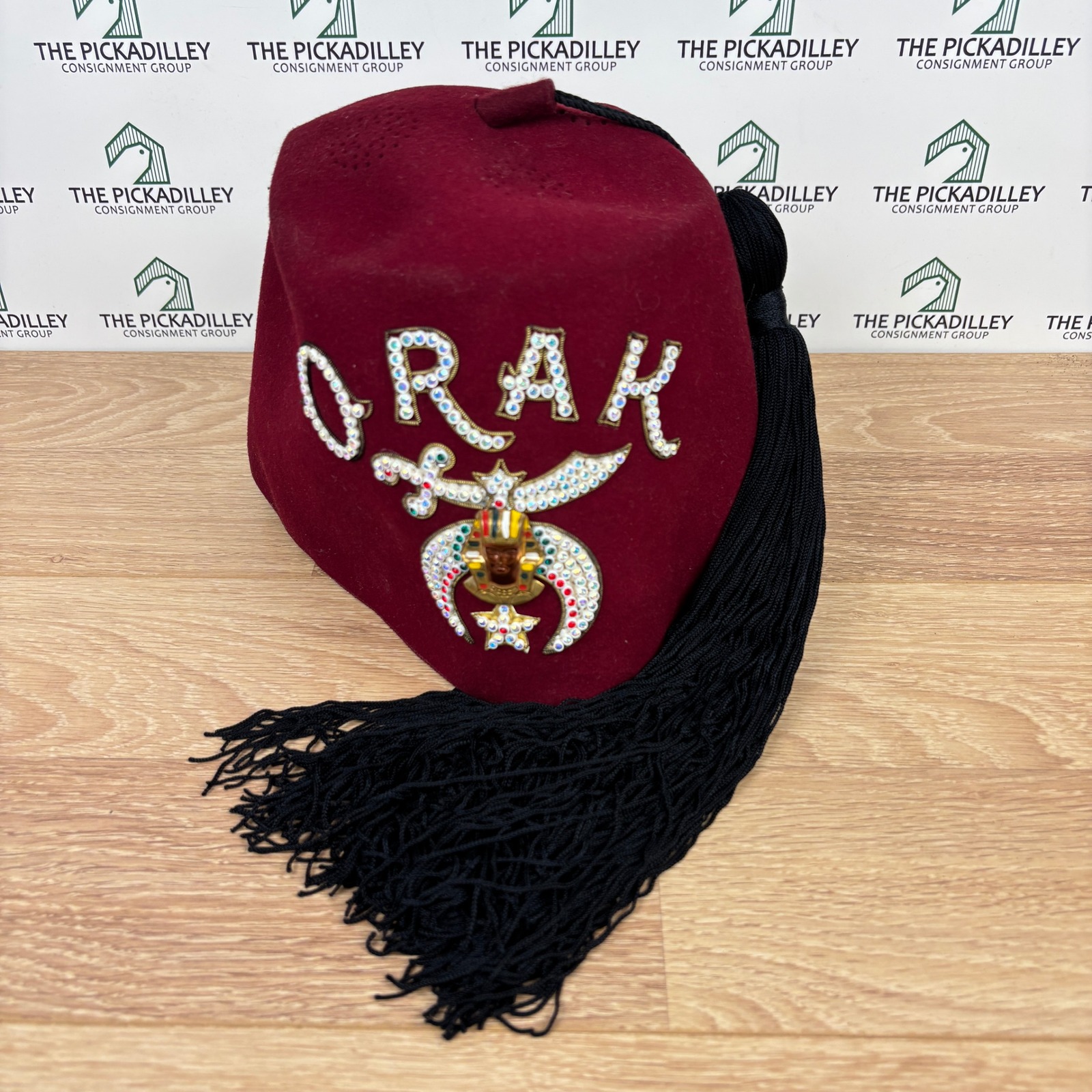 Vintage Orak Shriners Fez Hat Jeweled Rhinestone Emblem D. Turin & Co - Size 7.5